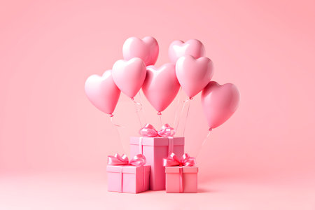 Valentines day. Gift boxes with balloons in shape of heart on pink background. AI generatedの素材