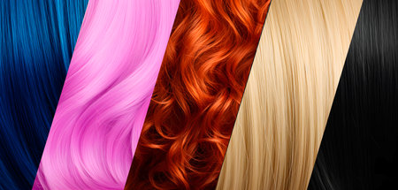 Texture of various blonde, black, red, pink hair close up collage. AI generatedの素材