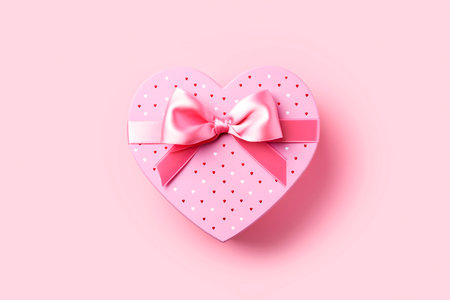 Valentines day. Pink gift box in shape of heart on pink background. AI generatedの素材