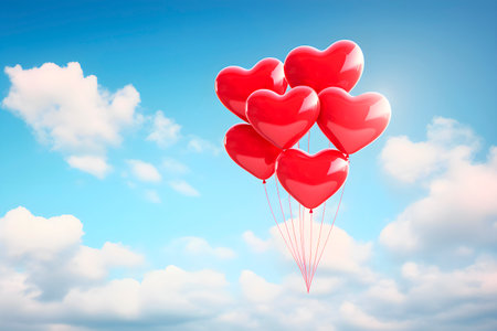 Valentines day. Red balloons in the shape of heart in blue sky. Background with copy space. AI generatedの素材