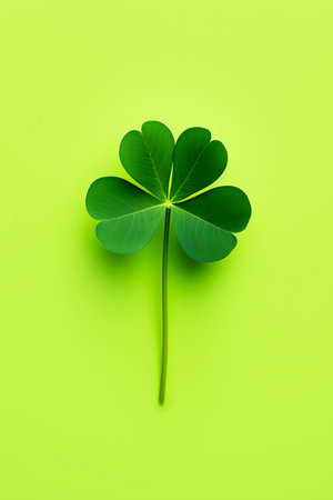 St. Patricks Day symbol clover leaf on green background. Minimalism. AI generatedの素材
