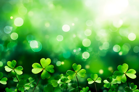 Green clover on lawn background with copy space. St Patricks Day concept. AI generatedの素材