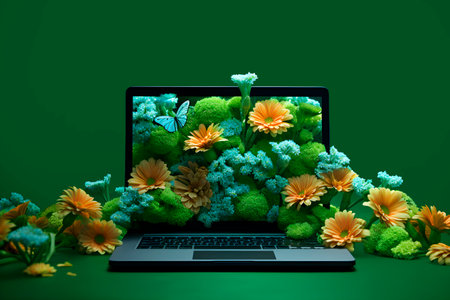 Green job concept. Laptop with flowers inside on green background. AI generatedの素材