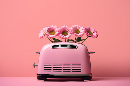 Hello spring concept. Flowers grow from pink retro toaster. AI generatedの素材