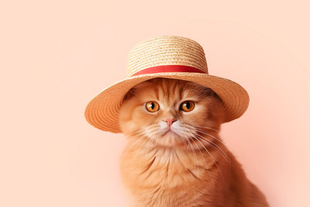 Summer vacation concept. Red cat in a straw hat. AI generatedの素材