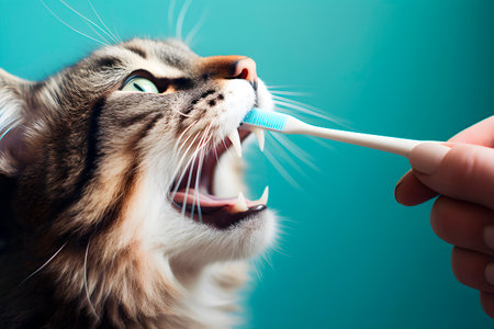 Cleaning teeth of cat. Grooming and pet care. AI generatedの素材