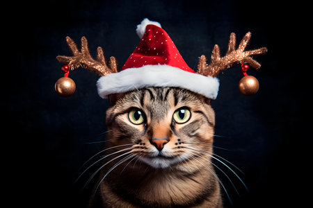 Christmas concept - white cat with deer horns on dark background. AI generatedの素材