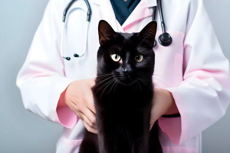Veterinarian examines black cat. Grooming and care of pets. AI generatedの素材
