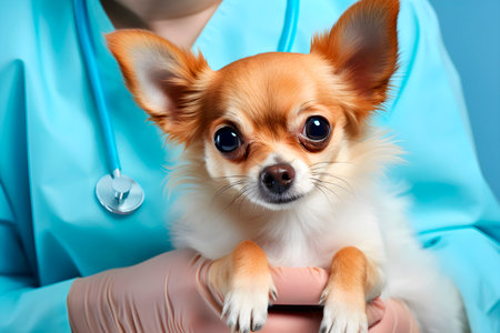 Small chihuahua dog being examined by veterinarian. Dog grooming and care. AI generatedの素材