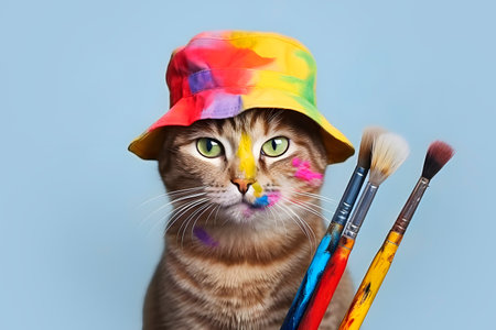 Artist cat with paint brushes. AI generatedの素材