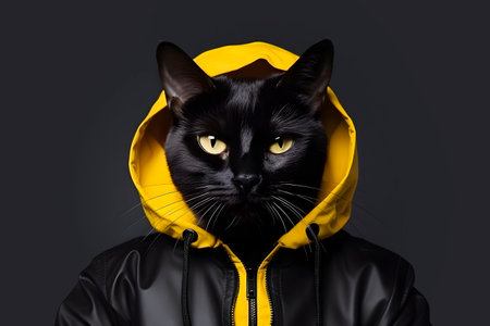 Black cat in fashionable yellow and leather jacket. Fashionable concept. AI generatedの素材
