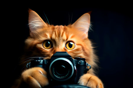 Red cat with a camera on a black background. AI generatedの素材