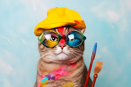 Artist cat with paint brushes. AI generatedの素材