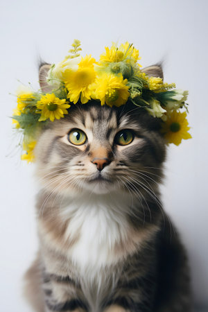 Hello spring concept. Red cat in a flower wreath. AI generatedの素材