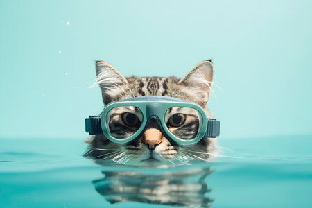Cat swims in the pool wearing swimming goggles. AI generatedの素材
