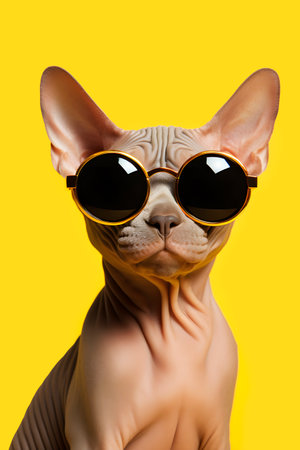Stylish bald sphynx cat in sunglasses on yellow background. AI generatedの素材
