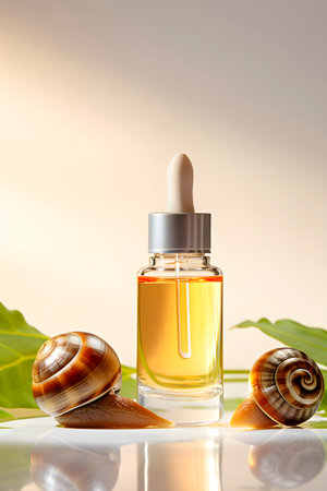 Snail Mucin Serum bottle with snails. Beauty care concept. AI generatedの素材