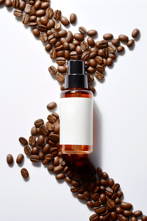 Caffeine skincare cosmetic serum on coffee beans. Top view. AI generatedの素材