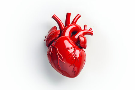Red anatomical ceramic heart on white background. Minimalist style. Love concept. AI generatedの素材