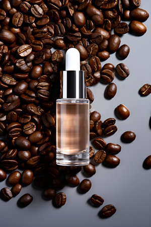 Caffeine skincare cosmetic serum on coffee beans. Top view. AI generatedの素材