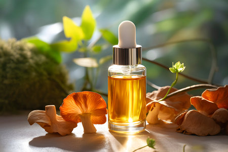 Kojic acid serum bottle among mushrooms. AI generatedの素材