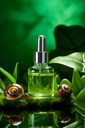 Snail Mucin Serum bottle in natural green background with snail. AI generatedの素材