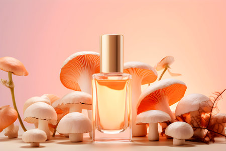 Care cosmetics bottle based on kojic acid from mushrooms. AI generatedの素材