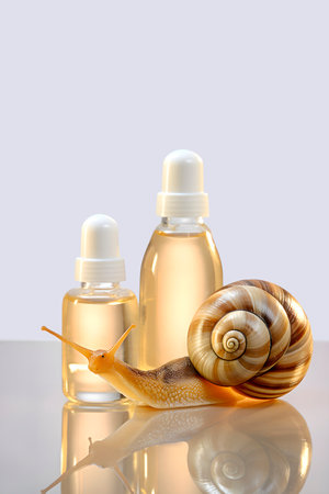 Snail Mucin Serum bottle with snails. Beauty care concept. AI generatedの素材