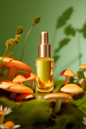 Care cosmetics bottle based on kojic acid from mushrooms. AI generatedの素材