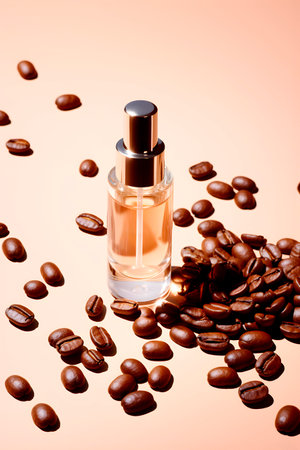 Caffeine skincare cosmetic serum among coffee beans. AI generatedの素材