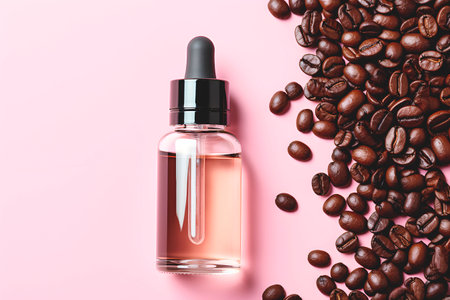 Caffeine skincare cosmetic serum with coffee beans on pink background. Top view. AI generatedの素材