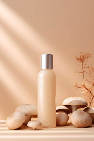 Lotion cosmetics bottle based on kojic acid from mushrooms. AI generatedの素材