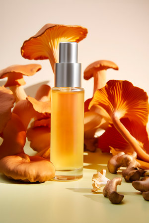 Care cosmetics bottle based on kojic acid from mushrooms. AI generatedの素材