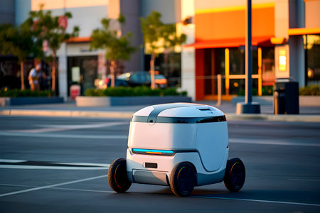 Delivery robot is driving down city street. Autonomous last mile delivery concept. AI generatedの素材