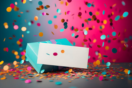 Invitation mockup on the background of colored confetti. AI generatedの素材