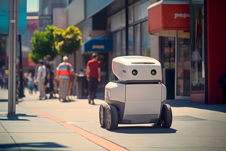 Delivery robot is driving down city street. Autonomous last mile delivery concept. AI generatedの素材