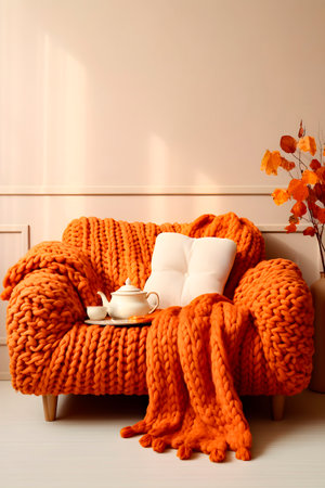 Cozy orange knitted armchair in a light interior, autumn design. AI generatedの素材