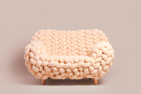 Minimalistic white knitted chair on a gray background. Modern design. AI generatedの素材