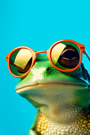 Portrait of frog in sunglasses on blue background. AI generatedの素材