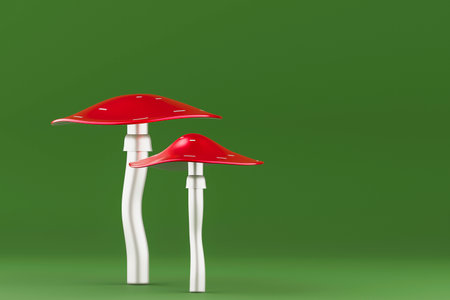 Vibrant Fly Agaric on Green Background. Copy space. 3d renderingの写真素材