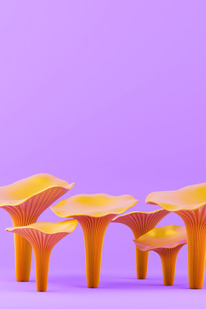 Surreal Glossy Yellow Chanterelle Mushroom on Purple Copy space Background. 3D renderingの写真素材