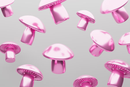 Levitating Pink Glossy Mushrooms on Gray Background. 3D renderingの写真素材