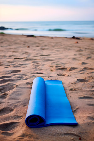 Blue yoga mat near sea on beach. Wellness and mental health practice. AI generatedの素材