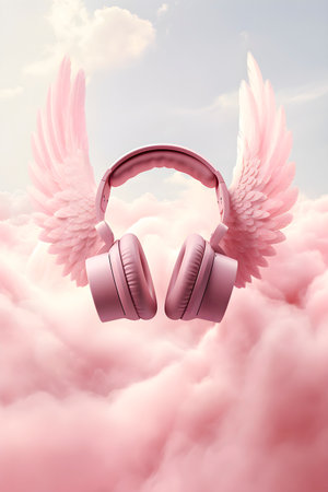 Pink headphones with wings amidst clouds. Sound therapy and wellness concept. AI generatedの素材
