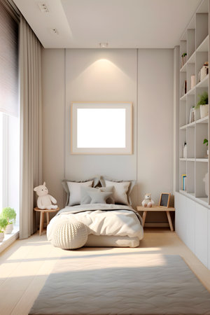 Frame mockup above bed in child bedroom. AI generatedの素材
