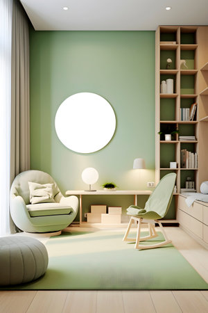 Light green bedroom interior with table. Round frame mock up. AI generatedの素材