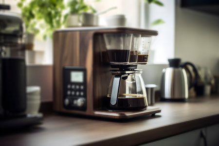 Home coffee station with filter coffee machine by the window. AI generatedの素材