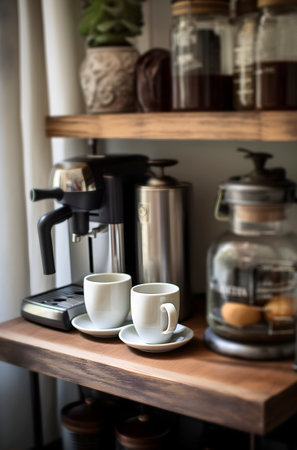 Home coffee station on wooden shelf. Natural interior. AI generatedの素材