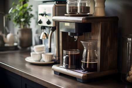 Home coffee station - coffee machine in a light kitchen. AI generatedの素材