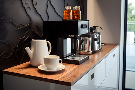 Home coffee station - coffee machine in kitchen with black wall. AI generatedの素材
